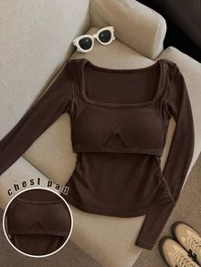 Yumoku Women's Solid Color Square Neck Long Sleeve Fitted Casual All-Match Versatile T-Shirt Brunch Dark Brown Winter With Chest Pad - Coffee Brown - View 2