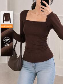 Yumoku Women's Solid Color Square Neck Long Sleeve Fitted Casual All-Match Versatile T-Shirt Brunch Dark Brown Winter With Chest Pad - Coffee Brown - View 8