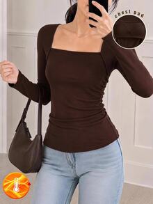 Yumoku Women's Solid Color Square Neck Long Sleeve Fitted Casual All-Match Versatile T-Shirt Brunch Dark Brown Winter With Chest Pad - Coffee Brown - View 1