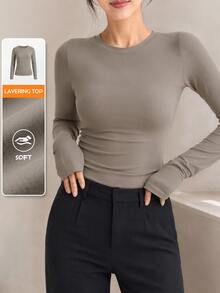 Yumoku Women's Casual Minimalist Basic Solid Color T-Shirt With Built-In Pads, Autumn Everyday Home Grey - Khaki - View 9