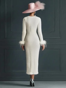 SHEIN French Style V-Neck Fuzzy Knit Long Sleeve Dress With Feather Decor Cuffs, Button Front, Slit Hem, Bodycon Mid-Length Cocktail Dress For Women - Beige - View 2