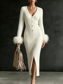 SHEIN French Style V-Neck Fuzzy Knit Long Sleeve Dress With Feather Decor Cuffs, Button Front, Slit Hem, Bodycon Mid-Length Cocktail Dress For Women - Beige - View 1