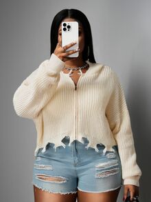 Veslaya 杏色加大码女式落肩长袖做旧拉链连帽开衫 - 米色 - 查看 6