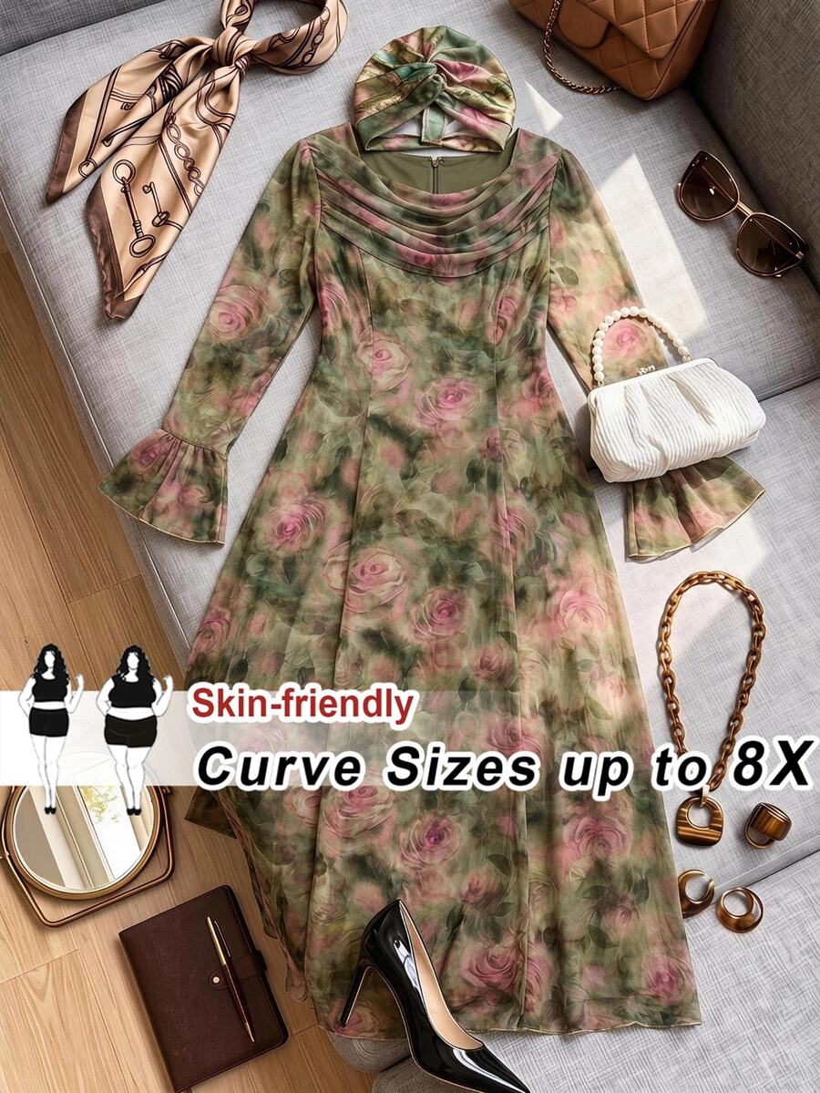 SHEIN CURVE+ Plus Size 22W Elegant Floral Print Bell Sleeve Dress Fall - Multicolor - View 1