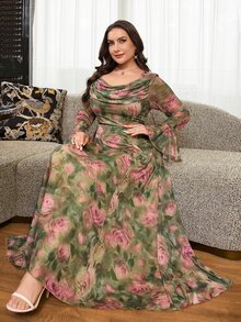 SHEIN CURVE+ Plus Size 22W Elegant Floral Print Bell Sleeve Dress Fall - Multicolor - View 10