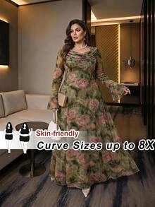 SHEIN CURVE+ Plus Size 22W Elegant Floral Print Bell Sleeve Dress Fall - Multicolor - View 14