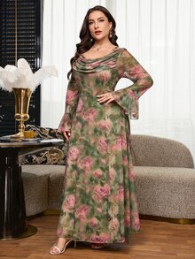 SHEIN CURVE+ Plus Size 22W Elegant Floral Print Bell Sleeve Dress Fall - Multicolor - View 11