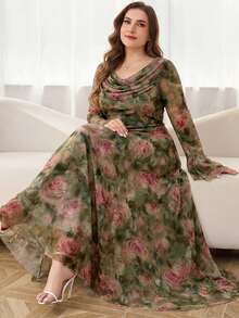 SHEIN CURVE+ Plus Size 22W Elegant Floral Print Bell Sleeve Dress Fall - Multicolor - View 5