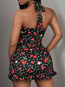 Veslaya 2025 New Mini Cherry Pattern Sweet Bodycon Dress - Black - View 2