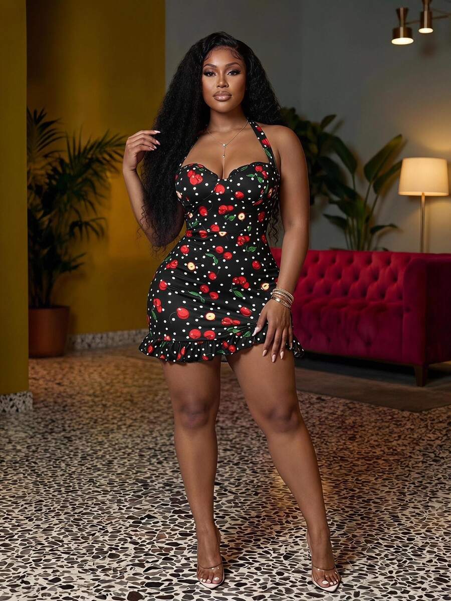 Veslaya 2025 New Mini Cherry Pattern Sweet Bodycon Dress - Black - View 1