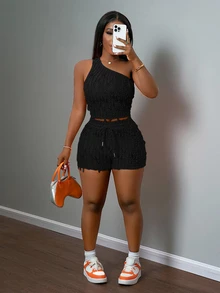 Veslaya New Casual Sexy Traditional Vacation Spring/Summer Asymmetric Fitted Textured Camisole And Shorts 2pcs Set, Plus Size Night Brunch Going Out Black - Black - View 6