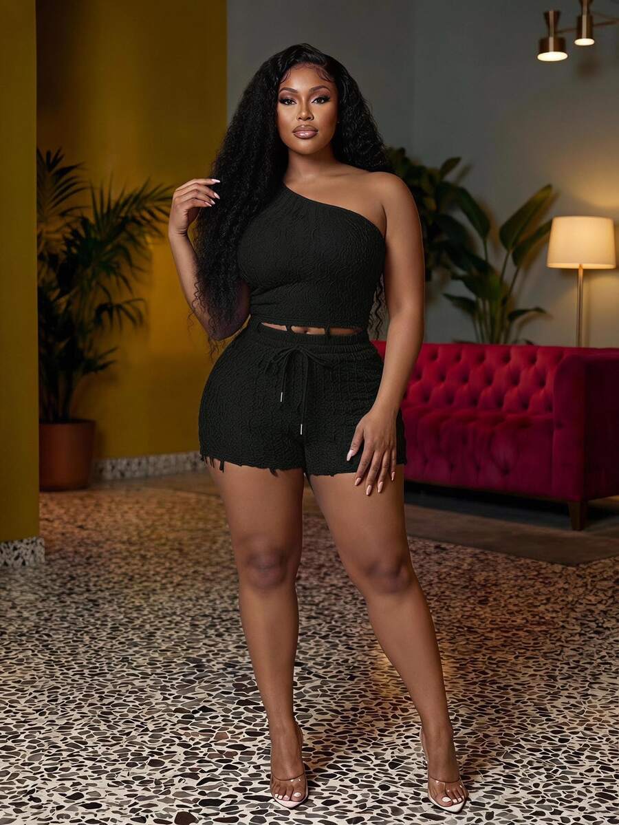 Veslaya New Casual Sexy Traditional Vacation Spring/Summer Asymmetric Fitted Textured Camisole And Shorts 2pcs Set, Plus Size Night Brunch Going Out Black