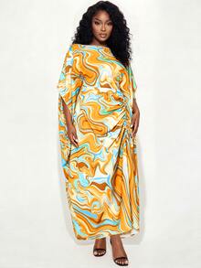 SHEIN LUNE Plus-Size Women's Loose-Fit Dress Printed Design With Drawstring Detail Holiday Vacation Orange Summer Curve Wedding Party Elegant Tropical - Multicolor - View 3