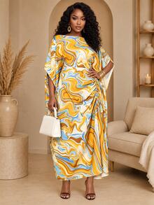 SHEIN LUNE Plus-Size Women's Loose-Fit Dress Printed Design With Drawstring Detail Holiday Vacation Orange Summer Curve Wedding Party Elegant Tropical - Multicolor - View 1