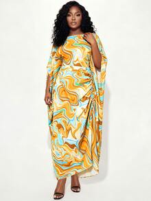 SHEIN LUNE Plus-Size Women's Loose-Fit Dress Printed Design With Drawstring Detail Holiday Vacation Orange Summer Curve Wedding Party Elegant Tropical - Multicolor - View 4