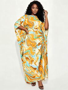 SHEIN LUNE Plus-Size Women's Loose-Fit Dress Printed Design With Drawstring Detail Holiday Vacation Orange Summer Curve Wedding Party Elegant Tropical - Multicolor - View 5