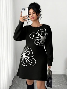 Elenzga Plus Size Women's Elegant Solid Color Floral Pattern Round Neck Sweater Dress, Autumn/Winter - Black - View 7