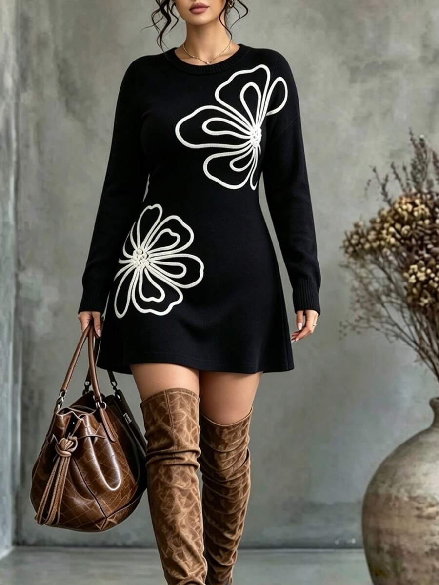Elenzga Plus Size Women's Elegant Solid Color Floral Pattern Round Neck Sweater Dress, Autumn/Winter - Black - View 1