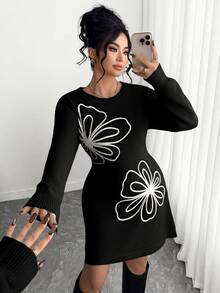 Elenzga Plus Size Women's Elegant Solid Color Floral Pattern Round Neck Sweater Dress, Autumn/Winter - Black - View 6