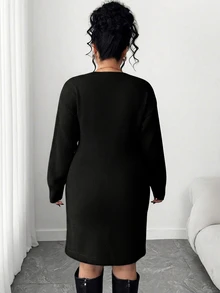 Elenzga Plus Size Women's Elegant Solid Color Floral Pattern Round Neck Sweater Dress, Autumn/Winter - Black - View 2