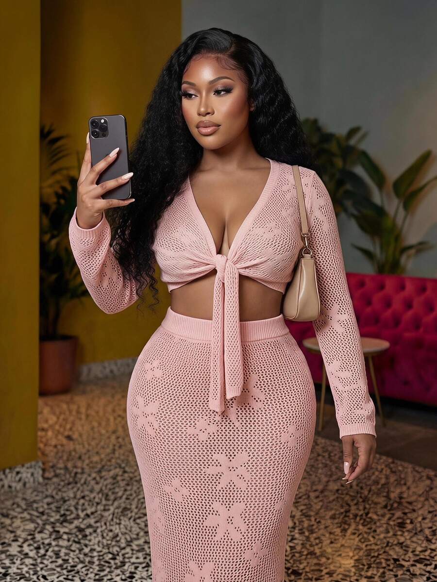 Veslaya Plus Size Women Holiday Beach Solid Color Hollow Out Knit Top And Skirt Set Winter Fall Autumn - Pink - View 1