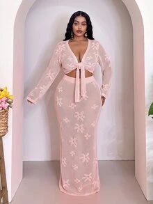 Veslaya Plus Size Women Holiday Beach Solid Color Hollow Out Knit Top And Skirt Set Winter Fall Autumn - Pink - View 3