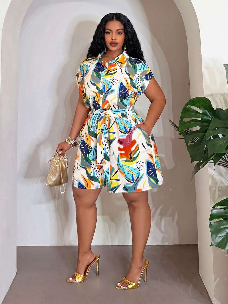 Veslaya Spring/Summer New Plus Size Versatile Casual All-Match Beach Short Sleeve Jumpsuit/Rompers For Women - Multicolor - View 5