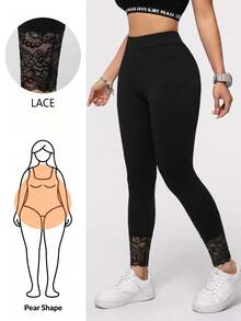 SHEIN Essnce Casual Básica Elegant Plus Size Lace Patchwork Black Leggings Suitable For Fall, Black Pants Home Vacation - Black - View 2