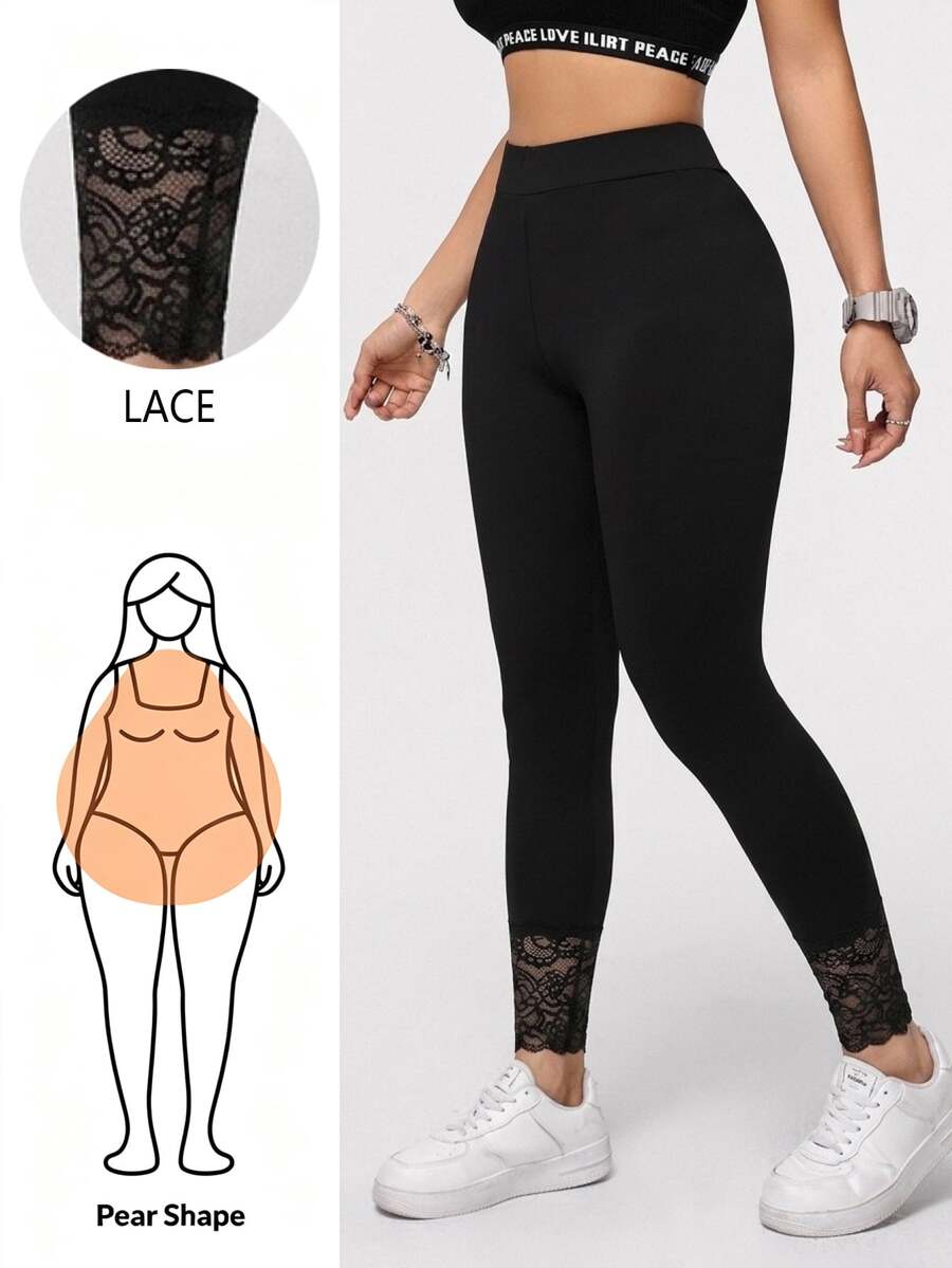 SHEIN Essnce Casual Básica Elegant Plus Size Lace Patchwork Black Leggings Suitable For Fall, Black Pants Home Vacation