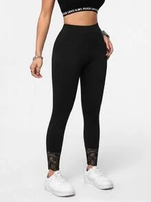 SHEIN Essnce Casual Básica Elegant Plus Size Lace Patchwork Black Leggings Suitable For Fall, Black Pants Home Vacation - Black - View 6