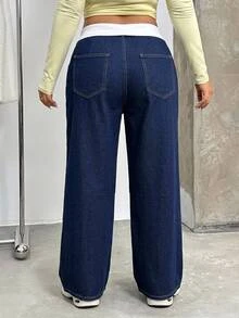 Elaquor Plus Size Fashion Contrast Color Pocket Loose Fit Denim Jeans Formal Going Out Blue And White Summer Casual Baggy - Blue - View 2