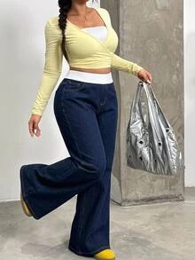 Elaquor Plus Size Fashion Contrast Color Pocket Loose Fit Denim Jeans Formal Going Out Blue And White Summer Casual Baggy - Blue - View 6