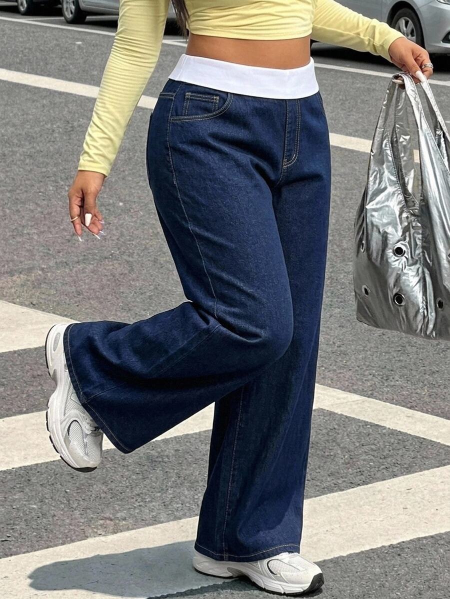 Elaquor Plus Size Fashion Contrast Color Pocket Loose Fit Denim Jeans Formal Going Out Blue And White Summer Casual Baggy - Blue - View 1
