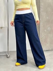 Elaquor Plus Size Fashion Contrast Color Pocket Loose Fit Denim Jeans Formal Going Out Blue And White Summer Casual Baggy - Blue - View 4