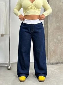 Elaquor Plus Size Fashion Contrast Color Pocket Loose Fit Denim Jeans Formal Going Out Blue And White Summer Casual Baggy - Blue - View 5