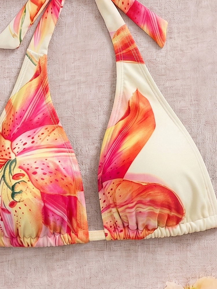 SHEIN Swim 大尺碼女款夏季花卉印花掛脖三角比基尼上衣，度假風深V領設計，適合海灘度假、泳池派對、日常穿著 - 彩色 - 查看 4