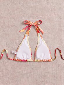 SHEIN Swim ملابس سباحة علوية بيكيني مثلثية برقبة معلقة بطبعة زهور صيفية للنساء ذوات المقاسات الكبيرة، تصميم بياقة V عميقة بأسلوب العطلات، مناسبة لعطلات الشاطئ وحفلات المسبح والارتداء اليومي - متعدد الألوان - مشاهدة 2