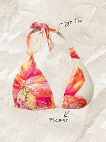 SHEIN Swim ملابس سباحة علوية بيكيني مثلثية برقبة معلقة بطبعة زهور صيفية للنساء ذوات المقاسات الكبيرة، تصميم بياقة V عميقة بأسلوب العطلات، مناسبة لعطلات الشاطئ وحفلات المسبح والارتداء اليومي - متعدد الألوان - مشاهدة 1