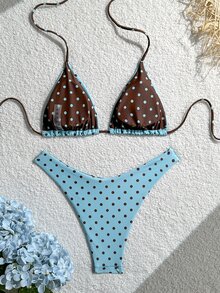SHEIN Swim Women's Summer Vacation Beach Polka Dot Print Halter Bikini Set - Multicolor - View 4