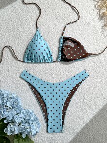 SHEIN Swim Women's Summer Vacation Beach Polka Dot Print Halter Bikini Set - Multicolor - View 2