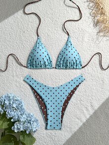 SHEIN Swim Women's Summer Vacation Beach Polka Dot Print Halter Bikini Set - Multicolor - View 9