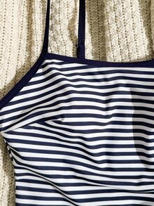 SHEIN Swim Women's Striped Print Spaghetti Strap Camisole And Contrast Color Boyshort Bikini Swimwear Set - Navy Blue - View 6