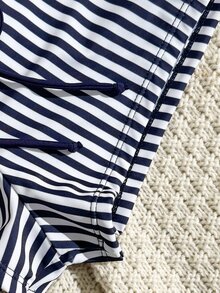 SHEIN Swim Women's Striped Print Spaghetti Strap Camisole And Contrast Color Boyshort Bikini Swimwear Set - Navy Blue - View 7