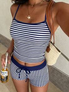 SHEIN Swim Women's Striped Print Spaghetti Strap Camisole And Contrast Color Boyshort Bikini Swimwear Set - Navy Blue - View 3
