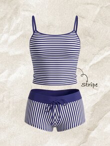 SHEIN Swim Women's Striped Print Spaghetti Strap Camisole And Contrast Color Boyshort Bikini Swimwear Set - Navy Blue - View 1