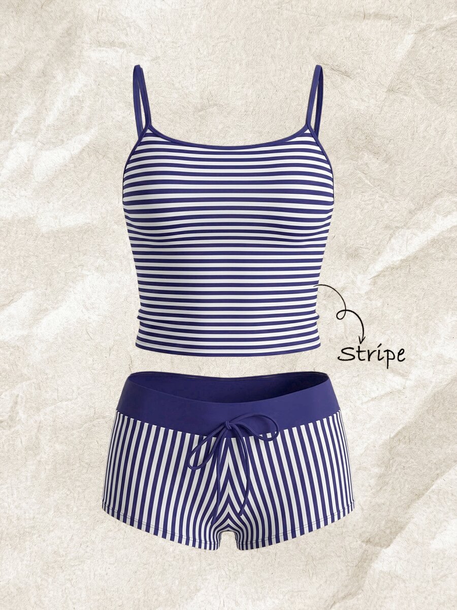 SHEIN Swim Women's Striped Print Spaghetti Strap Camisole And Contrast Color Boyshort Bikini Swimwear Set - Navy Blue - View 1