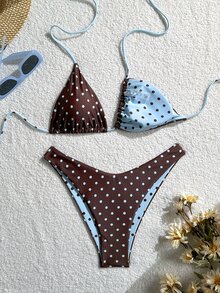 Elavelle 女士撞色吊带挂脖三角比基尼套装，夏季 - 彩色 - 查看 2