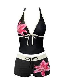 Elavelle 2026 Spring/Summer New Plus Size One-Piece Black Deep V-Neck Shoulder Strap Digital Print Design Women's Bikini Swimwear Top, Casual For Beach And Vacation Wear - Multicolor - View 5