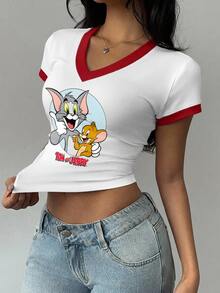 TOM & JERRY X SHEIN SHEIN EZwear 女款V領卡通印花短袖T恤，適合外出、街頭穿搭、機場造型、時尚、返校、Y2K、派對、海灘度假、假日 - 彩色 - 查看 1