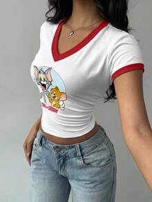 TOM & JERRY X SHEIN SHEIN EZwear 女款V領卡通印花短袖T恤，適合外出、街頭穿搭、機場造型、時尚、返校、Y2K、派對、海灘度假、假日 - 彩色 - 查看 4